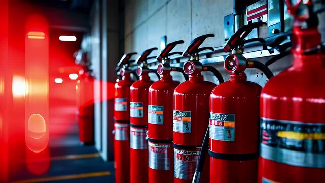 Row of red fire extinguishers mounted on a wall in an industrial setting with a blurred red light in the background.