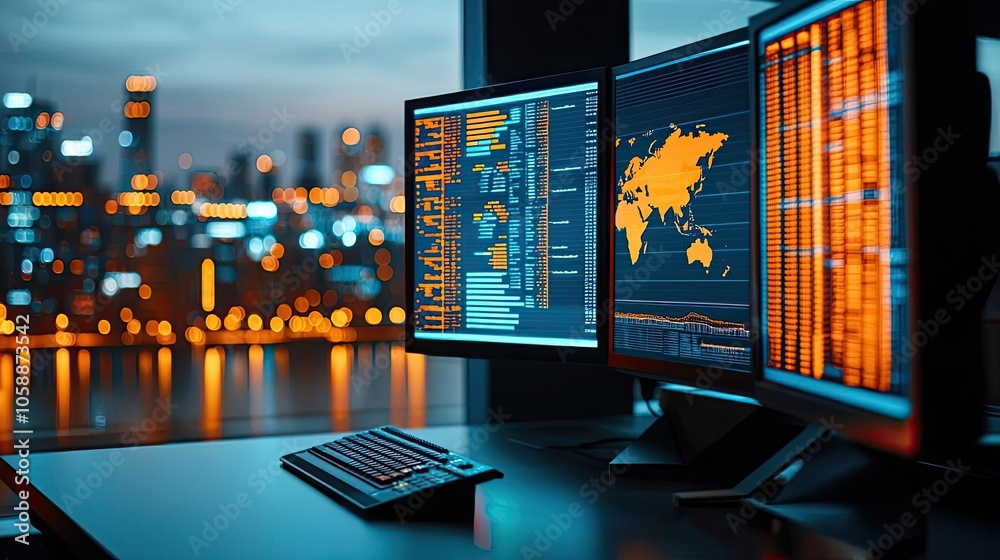 Poster High-tech workspace with multiple monitors displaying data analytics and city skyline.