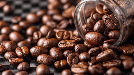Fototapeta premium Close-up of scattered coffee beans with rich brown tones and glossy texture, isolated on transparent background
