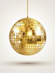 A shiny gold disco ball hanging from the ceiling, reflecting light in a playful and festive manner, perfect for dance parties and celebrations.