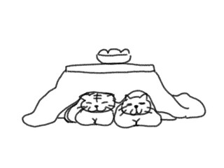 table over an electric heater with cats