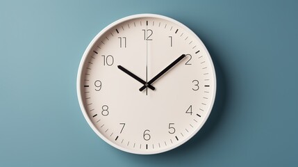 Minimalist wall clock displaying time at 10:10 on a blue background in a modern interior space