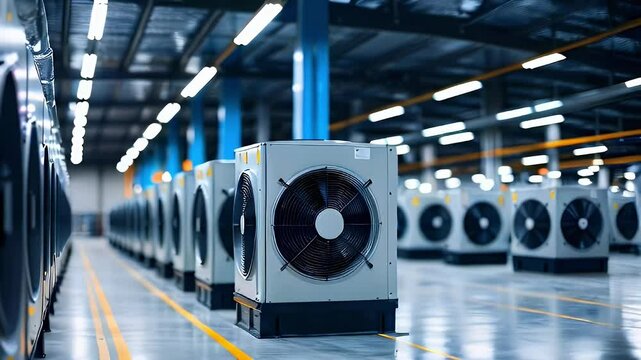 Row of industrial air conditioning units with large fans in a clean warehouse space.
