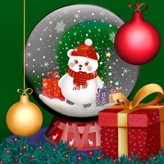 Winter illustration in flat style of a glass snow globe with a polar bear, snowflake, tree, gift inside. Holiday illustration for cards, postcards, invitations, prints.