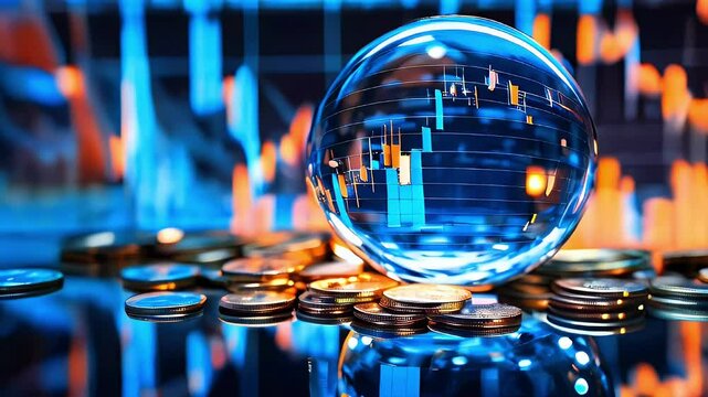 A glass sphere reflecting a financial chart with a row of coins in the foreground.