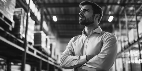 A man in a professional suit contemplating business strategies at an industrial warehouse.