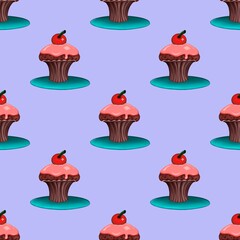 Cupcake seamless pattern, various brown cupcakes with cream, frosting, cherry,  sweet dessert, pattern for print, wallpaper, wrapping, fabric and more, illustration.