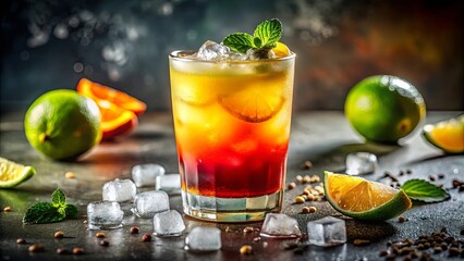 A Refreshing Beverage Adorned with Citrus and Mint, Served in a Glass with Ice Cubes, a Delightful and Refreshing Summer Drink