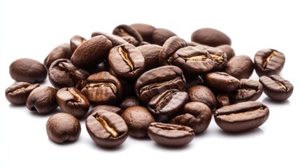 Fototapeta premium Coffee beans scattered with glossy brown tones, representing a fresh aroma, isolated on transparent background