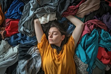 A woman relaxed among folded clothes. Casual, homey scene of domestic tranquility.