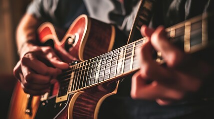 Fototapeta premium Musician passionately playing electric guitar on stage during a vibrant live performance in a dimly lit venue