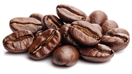 Obraz premium Glossy coffee beans with deep brown tones, ideal for coffee-themed visuals, isolated on transparent background