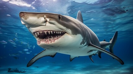 Fototapeta premium Majestic shark swimming gracefully in crystal clear ocean waters during daylight