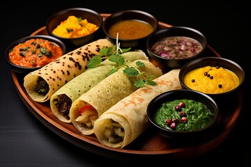 Tasty Indian dosa rolls with chutneys and sambar on a wooden platter