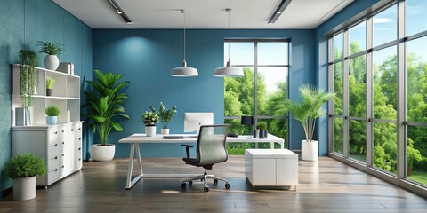 Fototapeta premium Modern Minimalist Office Space with Soft Blue Walls and Sleek White Furniture, Featuring Large Windows and Lush Greenery for a Serene Aesthetic