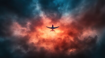 A jet plane pierces through atmospheric clouds emitting a warm glow, depicting a journey through intense beauty, signifying new beginnings and bold ventures.