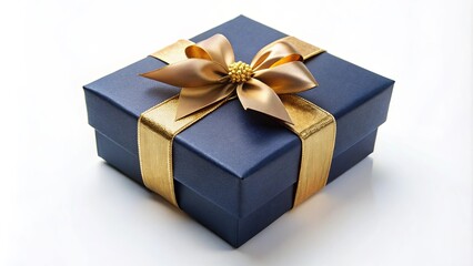 A Navy Blue Gift Box with a Golden Bow and Ribbon, Adorned with Delicate Golden Bead Accents