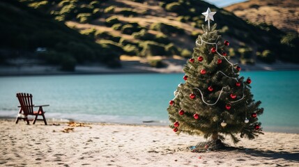 A decorated Christmas tree stands on a sandy beach beside a calm turquoise sea at sunset