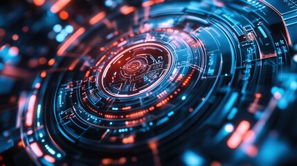 Futuristic digital interface displaying glowing circuitry patterns in vibrant colors against a dark background at night