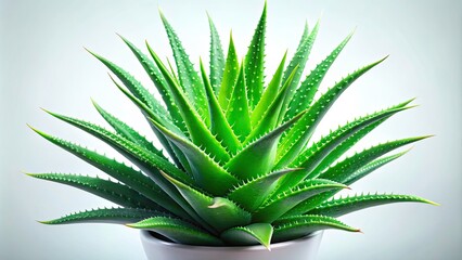 Fototapeta premium Neon Aloe Vera Plant on White Background - Bright Green Leaves, Vibrant Colors, High Depth of Field, Contemporary Aesthetic, Minimalist Style, Botanical Decor, Modern Home Design
