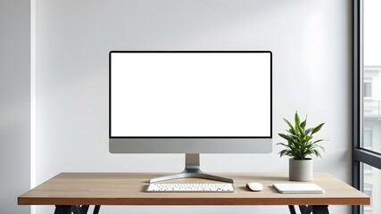 Front view mockup of monitor in modern interior workspace. Desktop screen with copyspace	