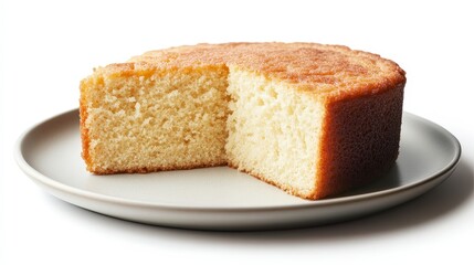 Golden sponge cake on plate with one slice removed highlighting texture