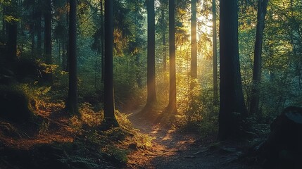 Obraz premium Sunlight filtering through dense trees along a serene path in a tranquil forest during the early morning hours