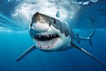 Obraz premium Close encounter with a great white shark swimming in clear ocean waters during daylight