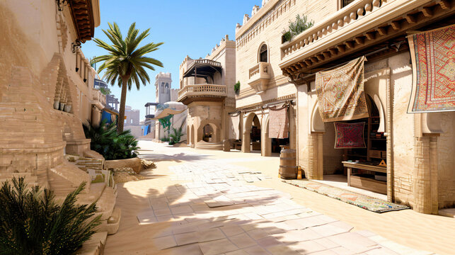 traditional middle eastern market corridor with hanging carpets, rug artisans marketplace