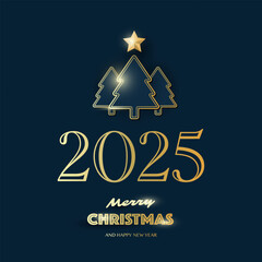 Dark Christmas and New Year Card Background Design with Golden Pine Trees, Golden Star and Golden Numbers - Illustration in Editable Vector Format - 2025