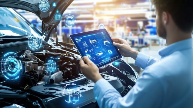 Diagnose car problems with a tablet. Futuristic car repair service center