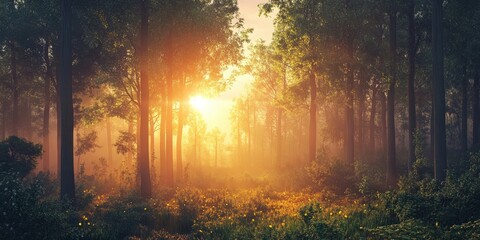 A stunning sunrise graces the forests natural landscape in the morning, creating a beautiful and captivating scene that showcases natures splendor.