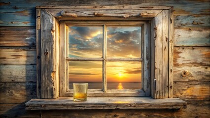 A weathered window frame with a glass of amber liquid on the sill, showcasing a breathtaking sunset over the water.