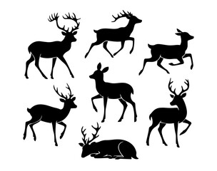 Deer Silhouette Set - Elegant Stag and Doe Vector Collection for Wildlife, Holiday, and New Year Design Elements