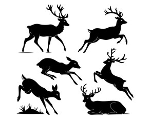 Deer Silhouette Set - Elegant Stag and Doe Vector Collection for Wildlife, Holiday, and New Year Design Elements