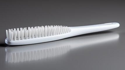 A close-up of a white toothbrush resting on a smooth surface in a minimalist setting