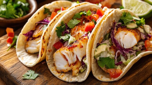 Three fish tacos with salsa, lime, and herbs.