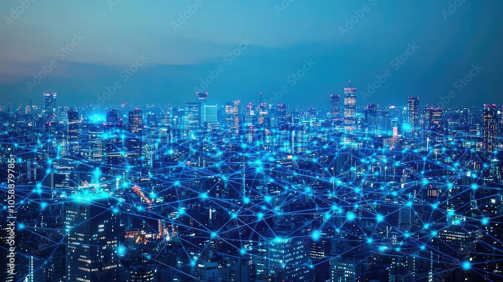 Poster city skyline with digital connections representing technology and networking.