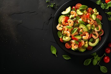Fresh shrimp salad with avocado, tomatoes, and basil on a dark stone table