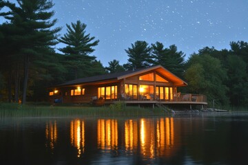 Fototapeta premium A cozy cabin on the lake under a sky full of stars