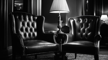 Two leather chairs with padded arms, sitting empty in a room. Dim lighting adds to the ambiance.