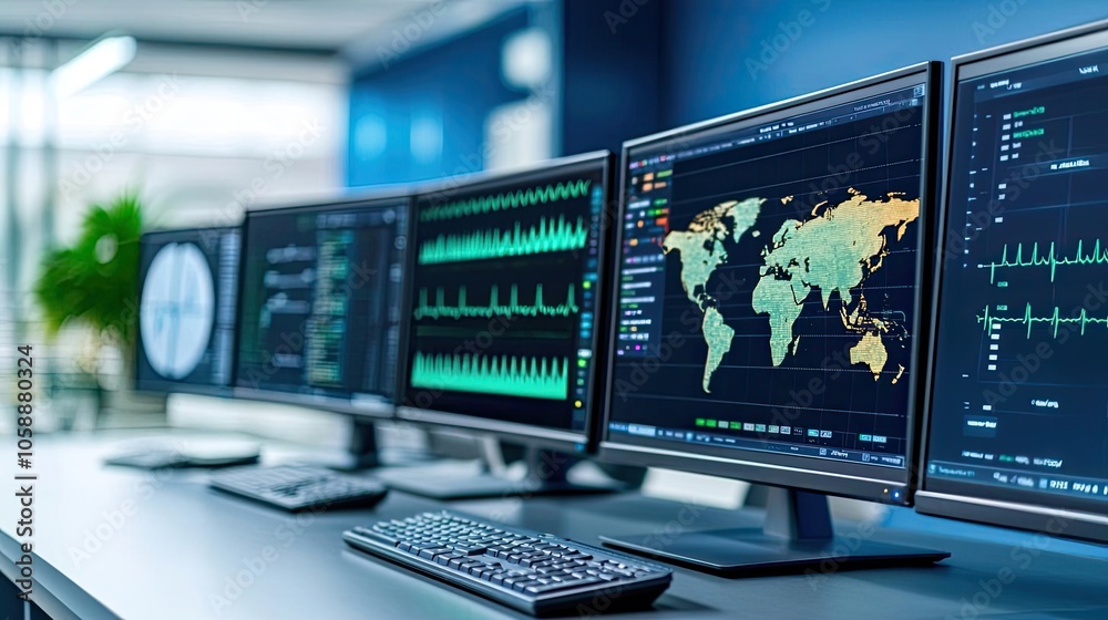 Poster Multiple monitors displaying data analytics in a modern office environment.