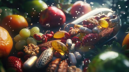 Vibrant array of fruits, nuts, vitamins, health foods