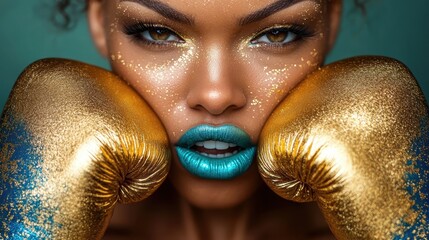 A fierce woman poses with teal lipstick and gold glitter makeup, boxing gloves pressed against her face, exuding confidence and boldness.