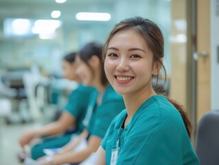 Female doctor in scrubs smiling, showing confidence and professionalism