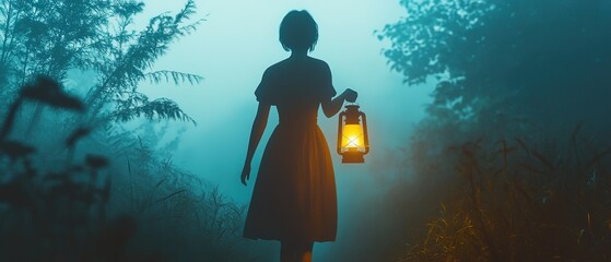 A child wanders through a foggy forest at dusk, holding a glowing lantern to light the path ahead with a sense of adventure