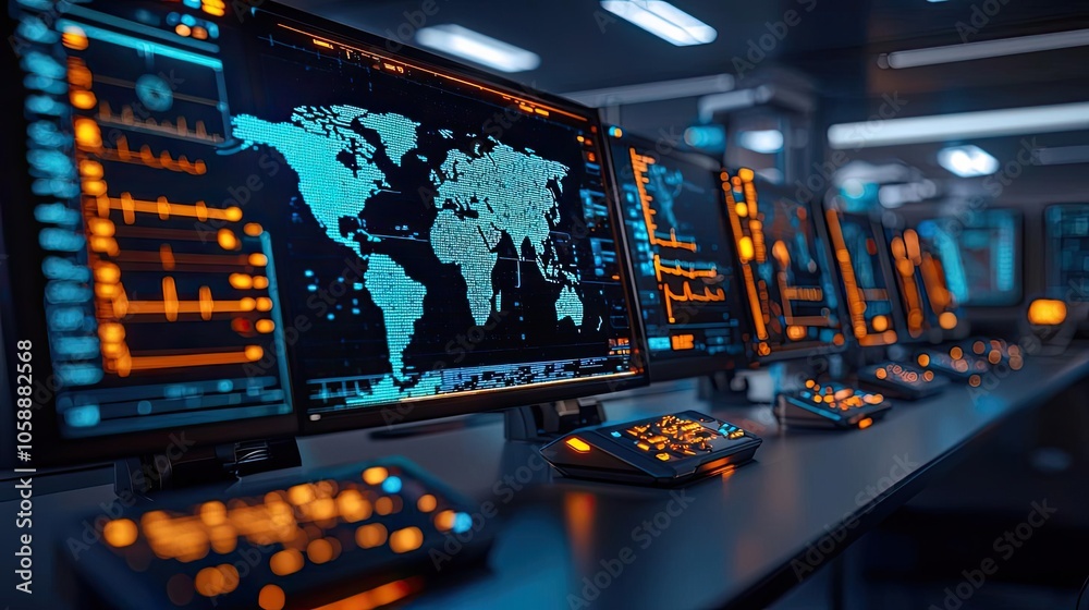 Aufkleber Futuristic control room with monitors displaying data and world maps.
