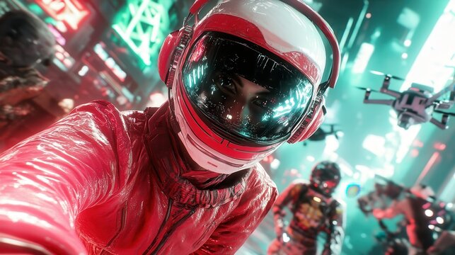 A vibrant depiction of a futuristic cityscape, highlighted by a close-up of an astronaut taking a selfie, bathed in neon lights and surrounded by urban innovation.