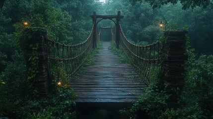 Fototapeta premium A rustic wooden bridge with rope handrails leads through a misty, green forest.