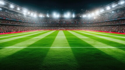 Fototapeta premium Empty football stadium with bright lights and well-maintained grass field.